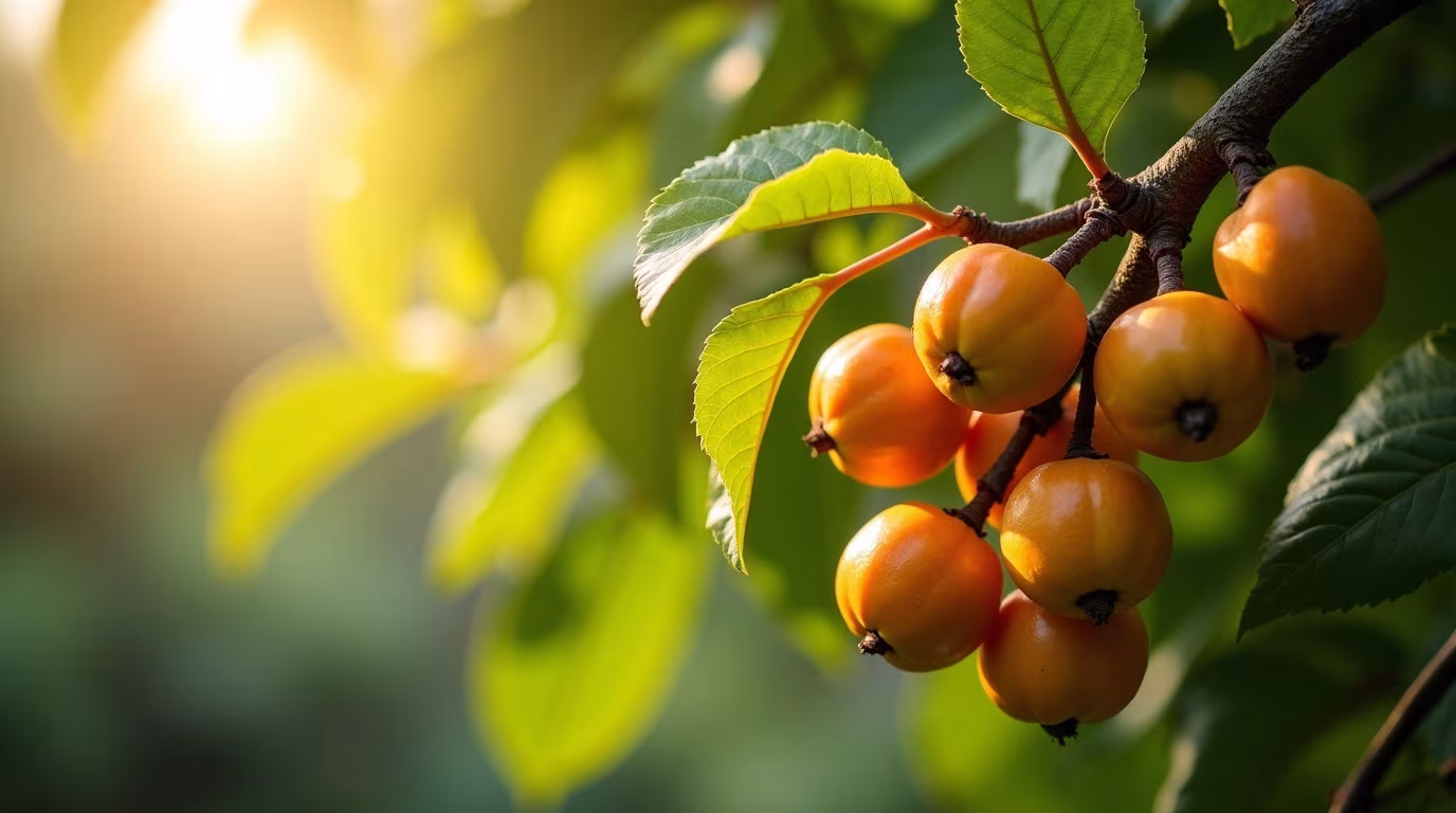 Fruits de camu-camu sur une branche dans une forêt tropicale, illustration photoréaliste