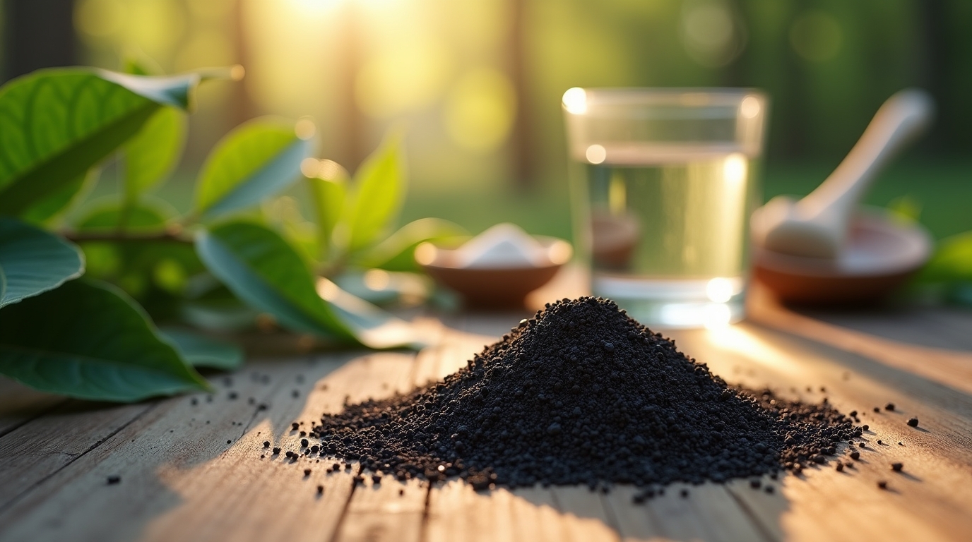 Charbon végétal super activé présenté sur une surface naturelle avec des éléments de santé.