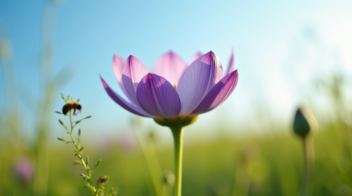Chardon béni en fleur dans un champ, avec abeilles butinant les fleurs.
