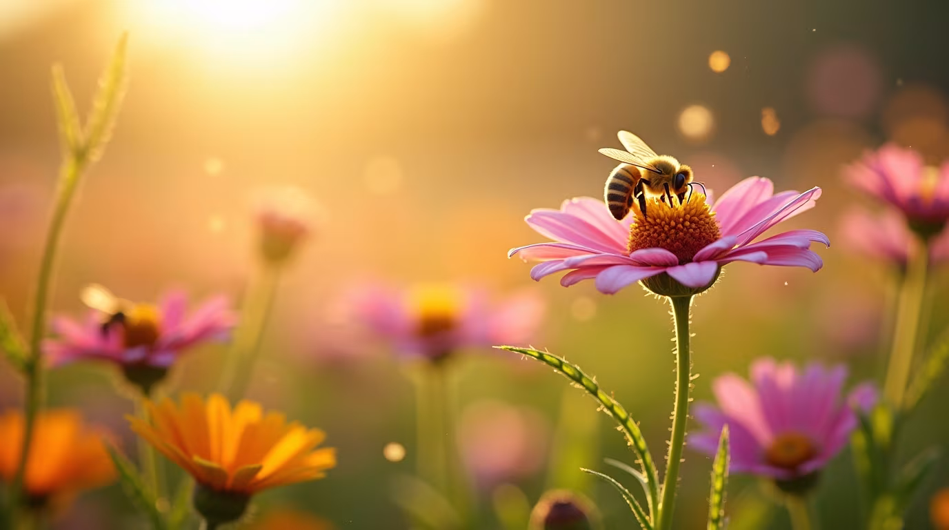 Champ de fleurs avec pollen frais et abeilles butinant sous un soleil éclatant.