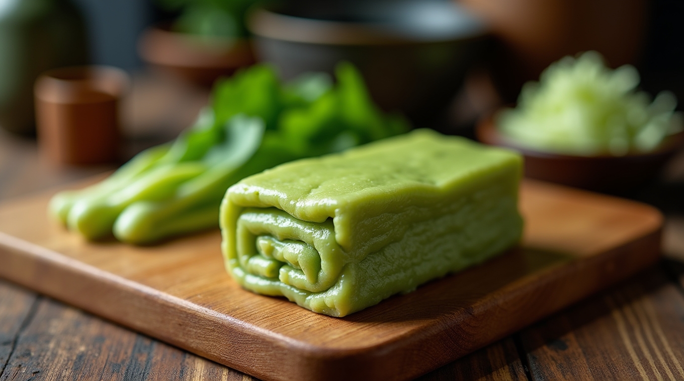 Wasabi naturel frais sur une planche en bois avec des éléments de cuisine japonaise au fond