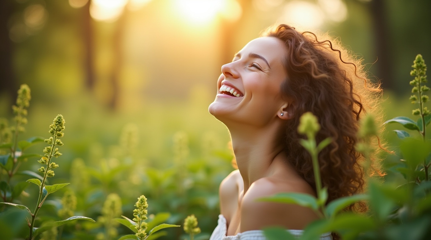 Personne détendue en pleine nature avec des plantes d'ashwagandha symbolisant la lutte contre la fatigue nerveuse.
