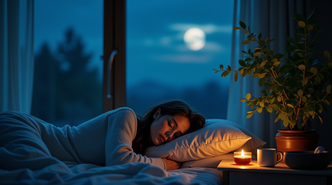 Personne relaxée se préparant à dormir avec ashwagandha et tisane