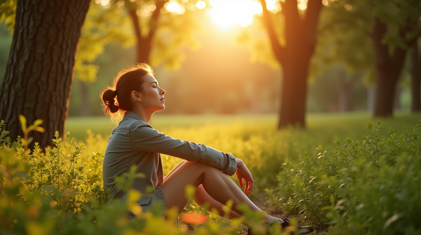 Personne dans un cadre naturel, utilisant l'ashwagandha pour gérer le stress