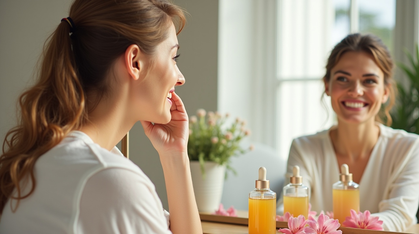 Femme utilisant des produits au collagène pour une peau éclatante dans un cadre naturel.