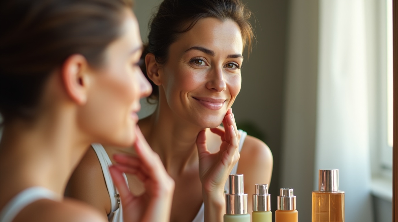 Femme regardant ses rides dans un miroir avec des produits au collagène sur la coiffeuse