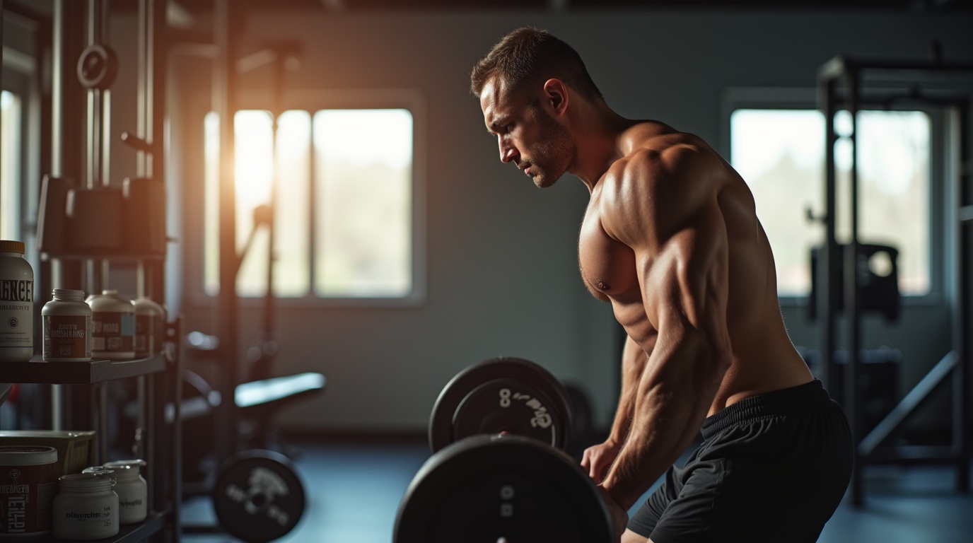 Un athlète soulevant des poids avec des flacons de créatine en arrière-plan dans une salle de sport.