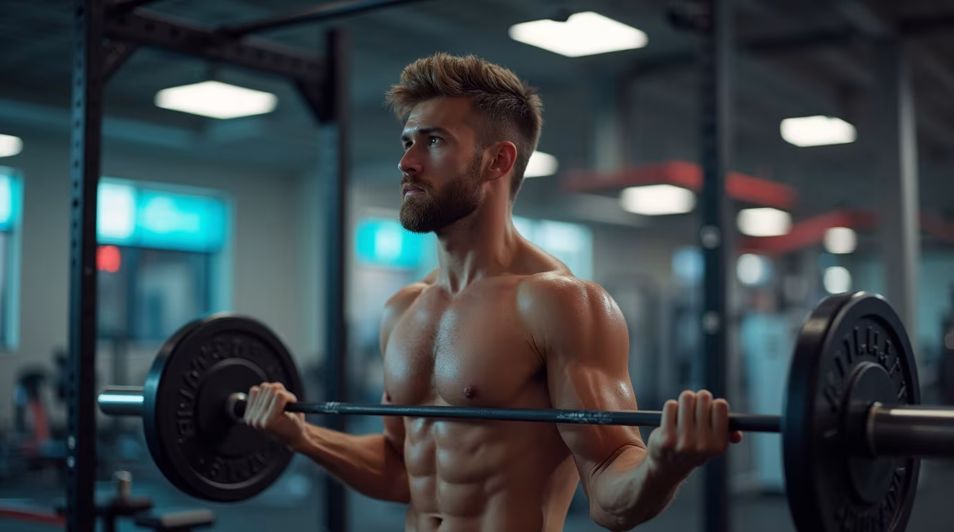 Un athlète utilisant de la créatine pendant un entraînement en gym, illustrant la puissance sportive.