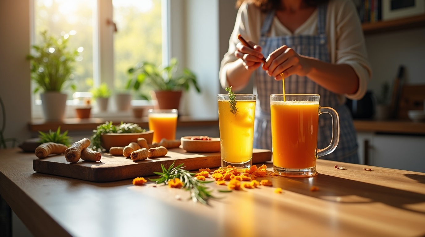 Une femme prépare une boisson santé avec de la curcumine dans une cuisine lumineuse et accueillante.