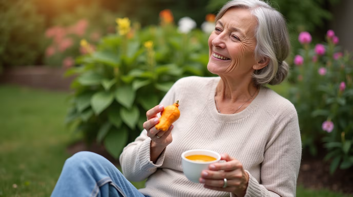 Femme dans un jardin tenant du curcuma pour soulager ses douleurs articulaires