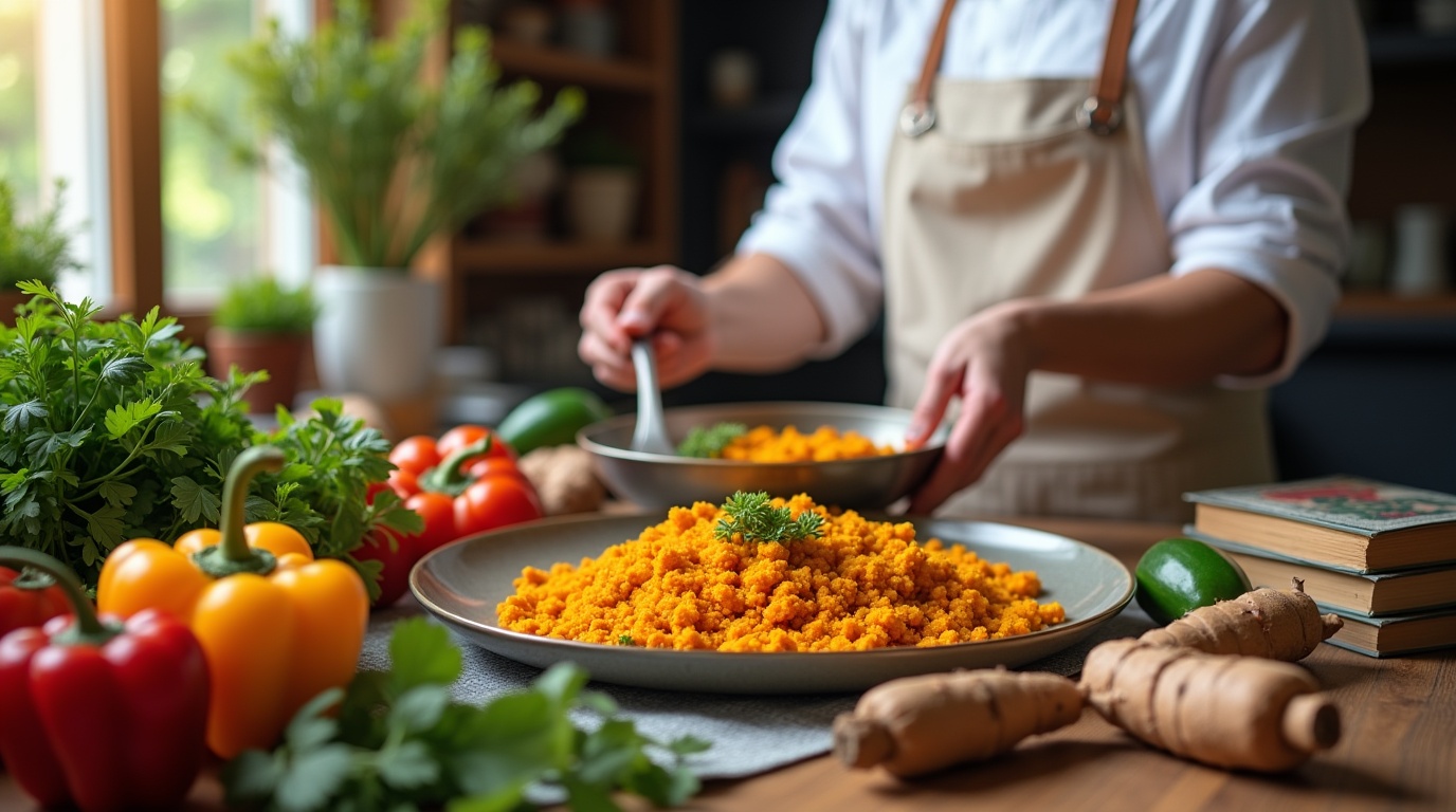 Préparation culinaire avec de la curcumine illustrant ses bienfaits pour les douleurs chroniques.