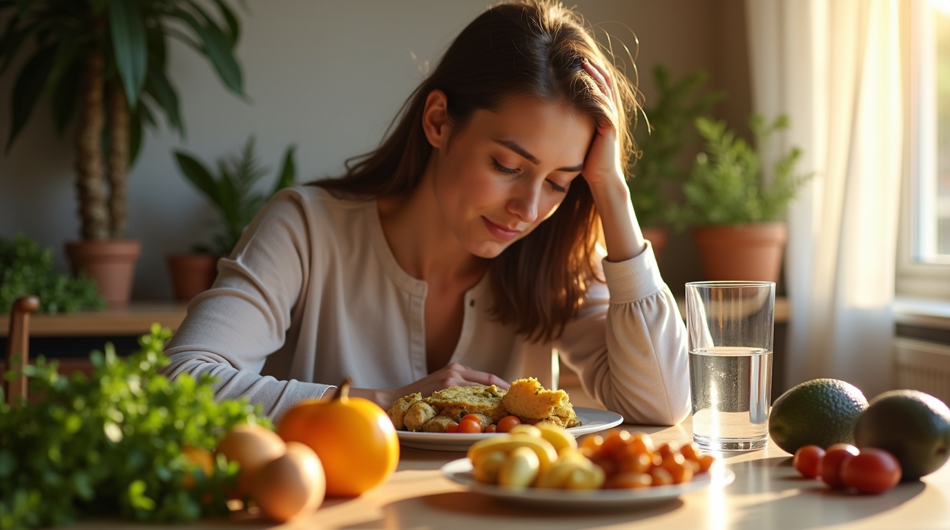 Personne fatiguée entourée d'aliments riches en magnésium sur une table