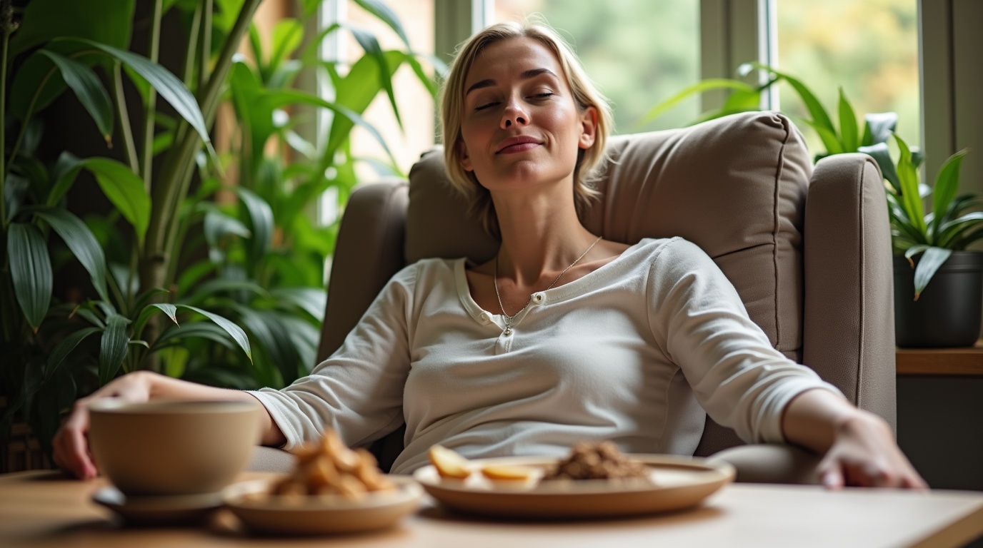 Personne relaxant avec des aliments riches en magnésium dans un environnement serein