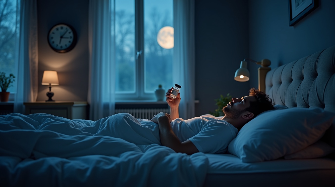 Homme relaxé dans une chambre sombre avec un flacon de mélatonine montrant un lien avec l'insomnie.