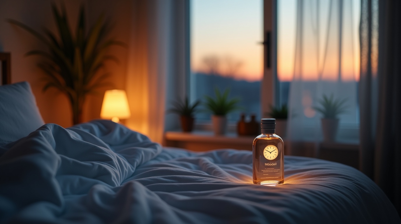 Flacon de mélatonine sur une table de nuit dans une chambre apaisante au crépuscule