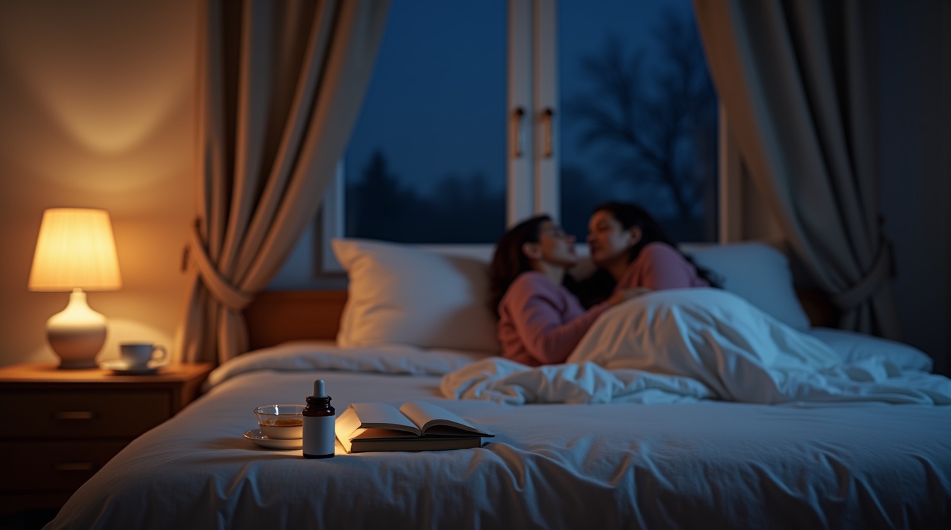 Personne se préparant à dormir avec flacon de mélatonine et lumière douce