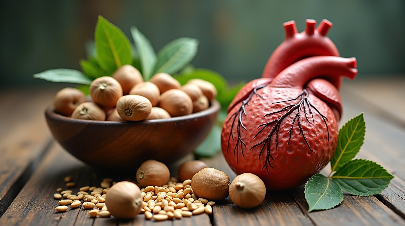 Image d'un bol de noix et graines avec un coeur anatomique représentant les bienfaits des oméga-3 pour la santé cardiovasculaire