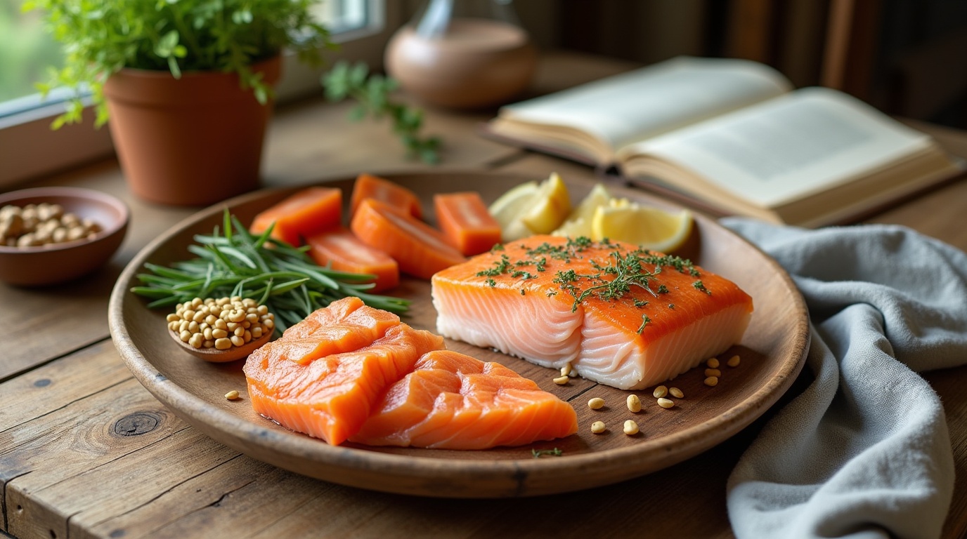 Assiette de nourriture riche en oméga-3 pour lutter contre le cholestérol.