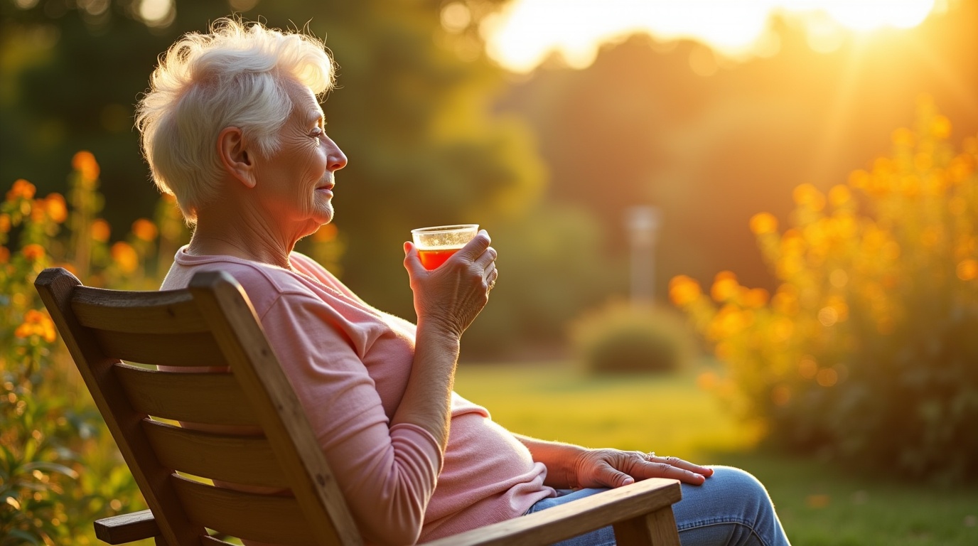 Personne âgée buvant du thé à la curcumine dans un jardin, symbolisant le soulagement de l'arthrose.