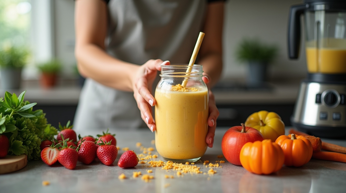 Smoothie aux probiotiques avec fruits frais et yaourts illustrant la santé intestinale.