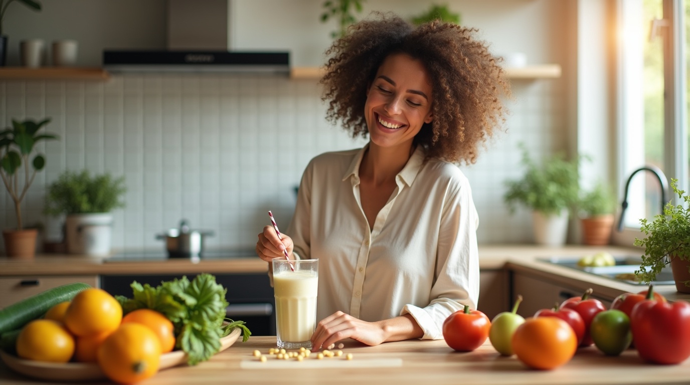 Illustration d'une femme préparant un smoothie probiotiques pour réduire les ballonnements