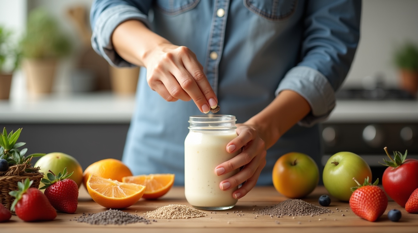 Femme préparant un smoothie probiotiques dans une cuisine moderne avec des aliments fermentés