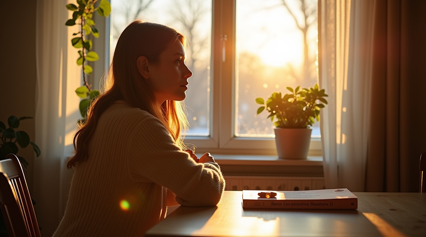 Femme assise à la fenêtre recevant la lumière du soleil pendant l'hiver, symbolisant la vitamine D et la dépression saisonnière