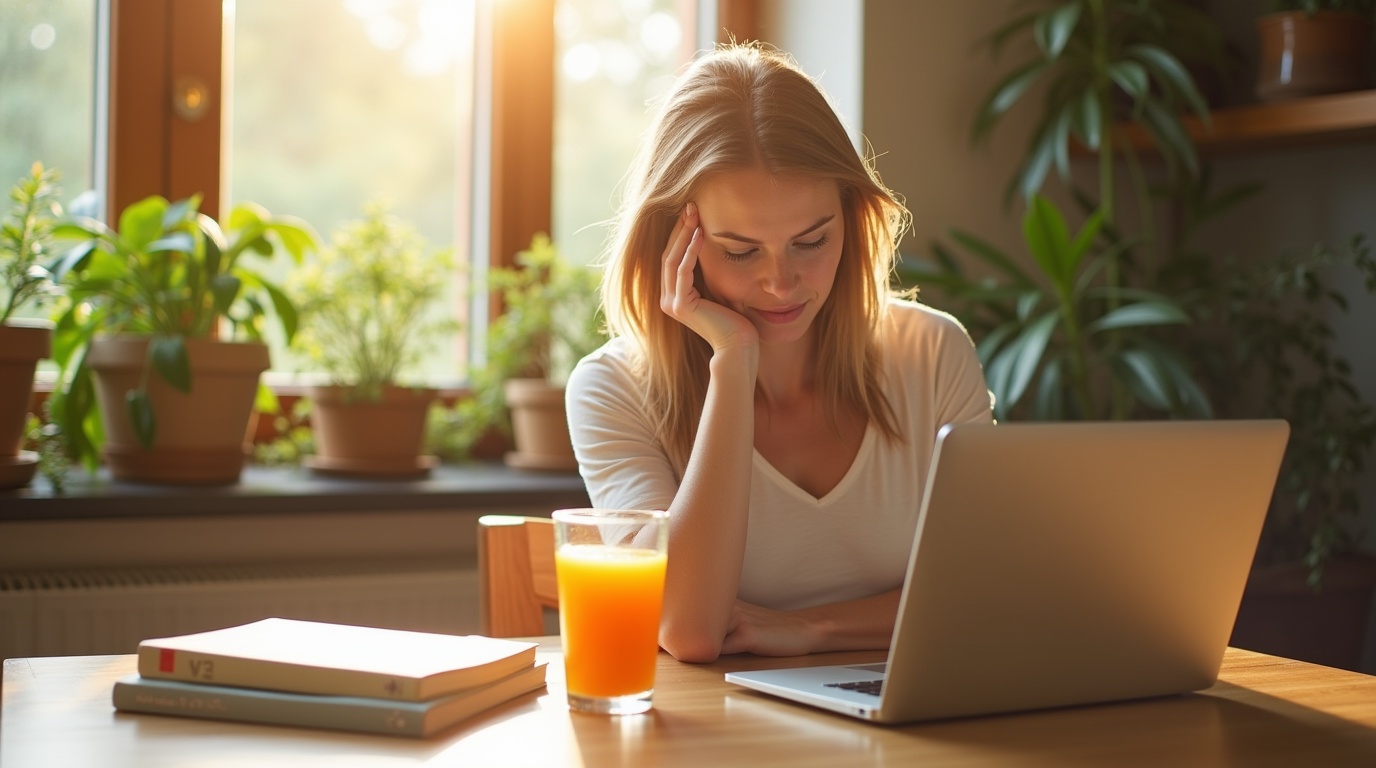 Femme fatiguée examinant un verre de jus de vitamine D sur une table ensoleillée