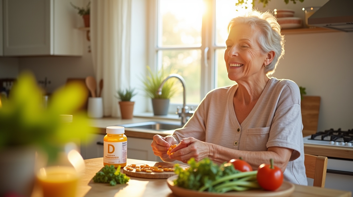 Femme âgée prenant des suppléments de vitamine D dans une cuisine lumineuse