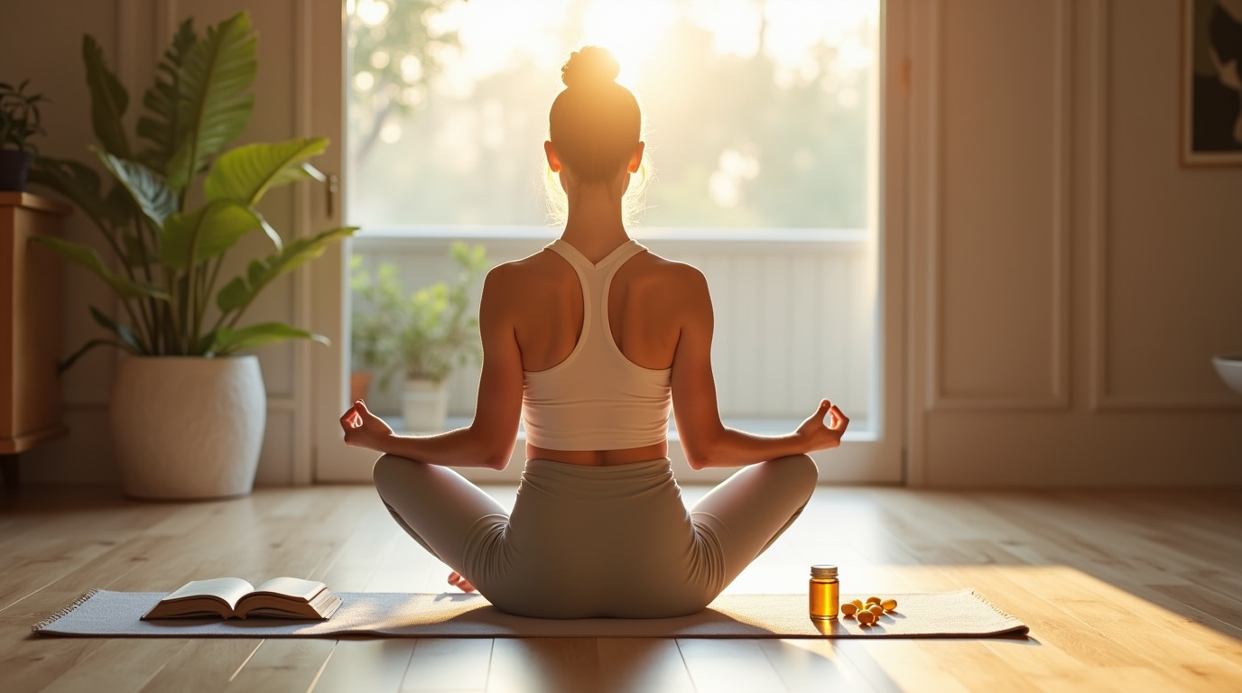 Femme prenant des gélules de vitamine D après du yoga pour soulager douleurs musculaires