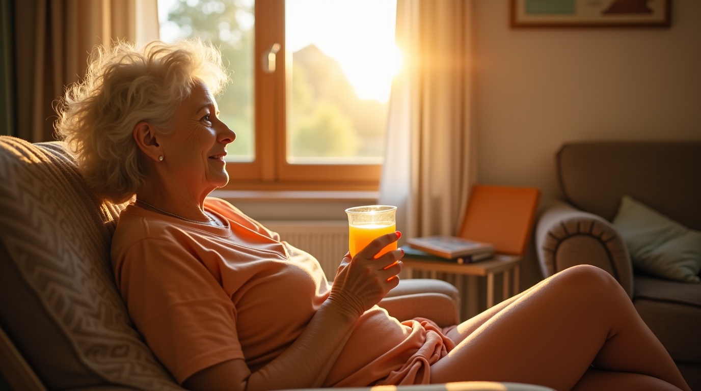 Personne âgée avec un verre de jus d'orange dans un intérieur ensoleillé montrant l'importance de la vitamine D pour la santé