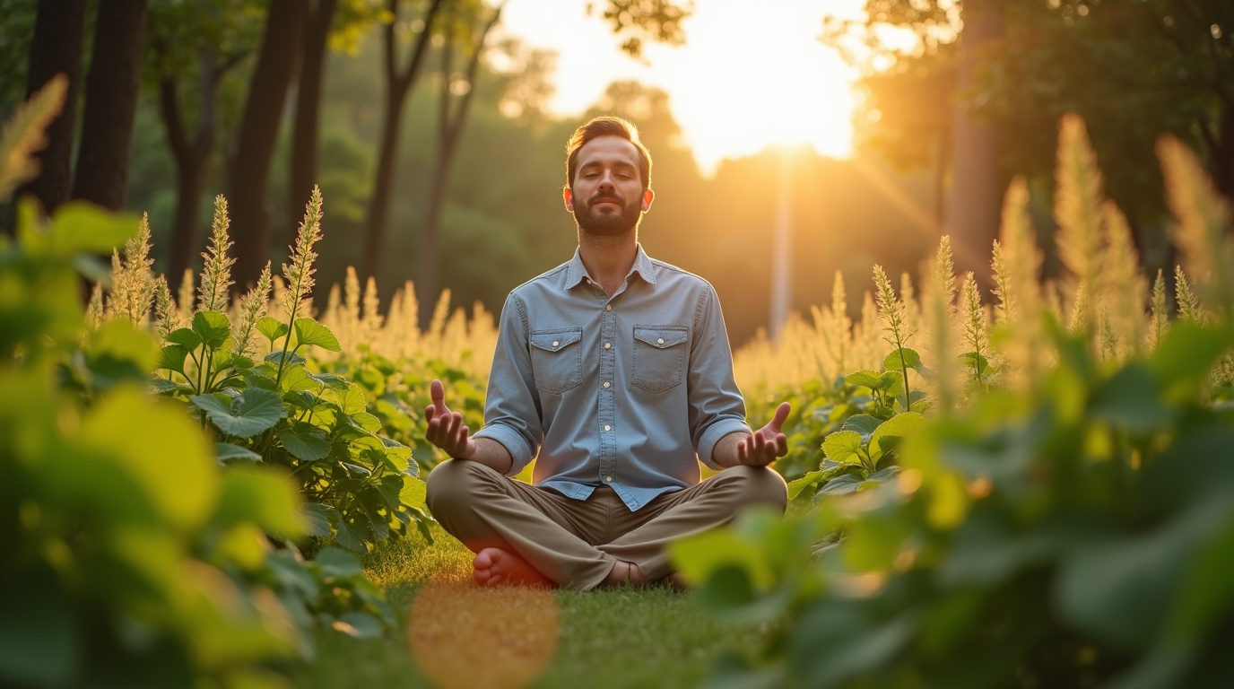 Homme méditant dans un jardin avec des aliments riches en zinc pour la fertilité masculine.