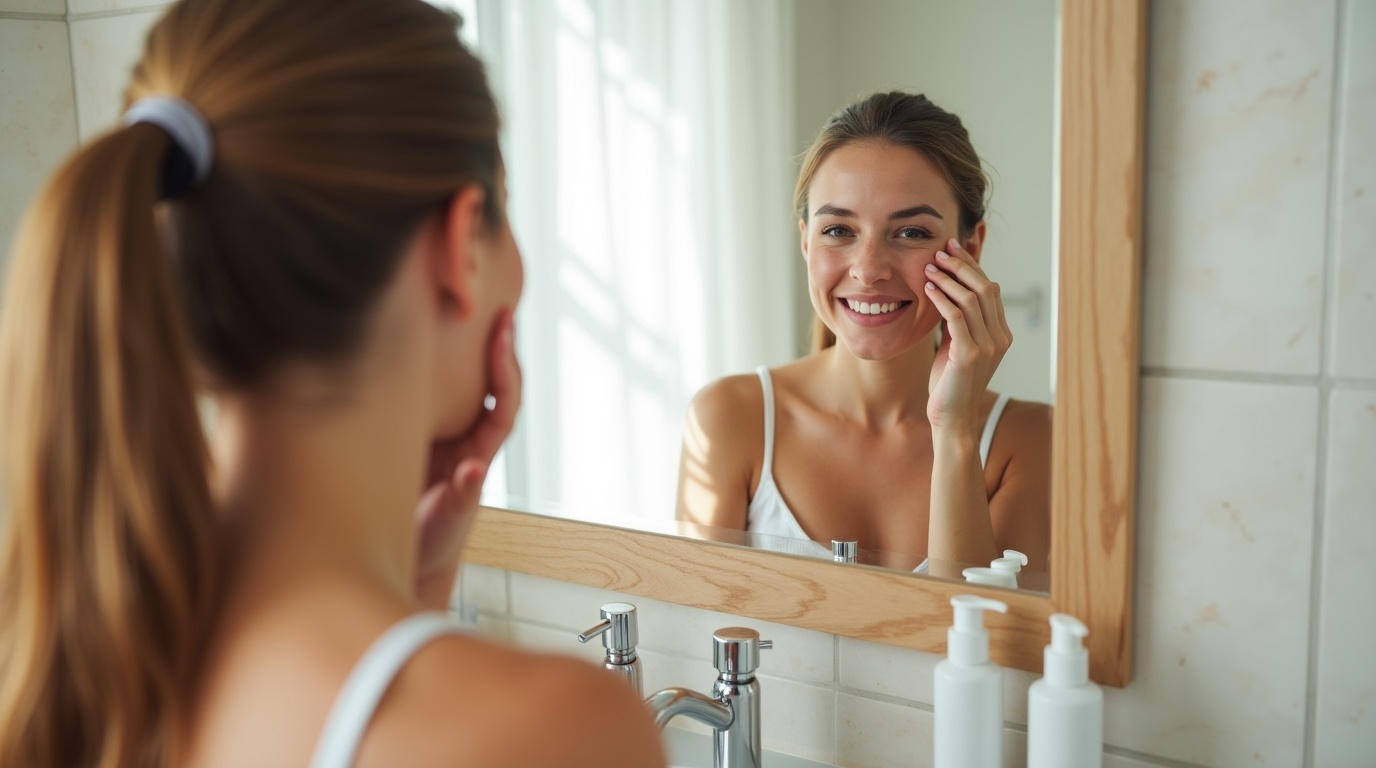 Un jeune adulte utilisant des produits au zinc pour traiter l'acné dans une salle de bain